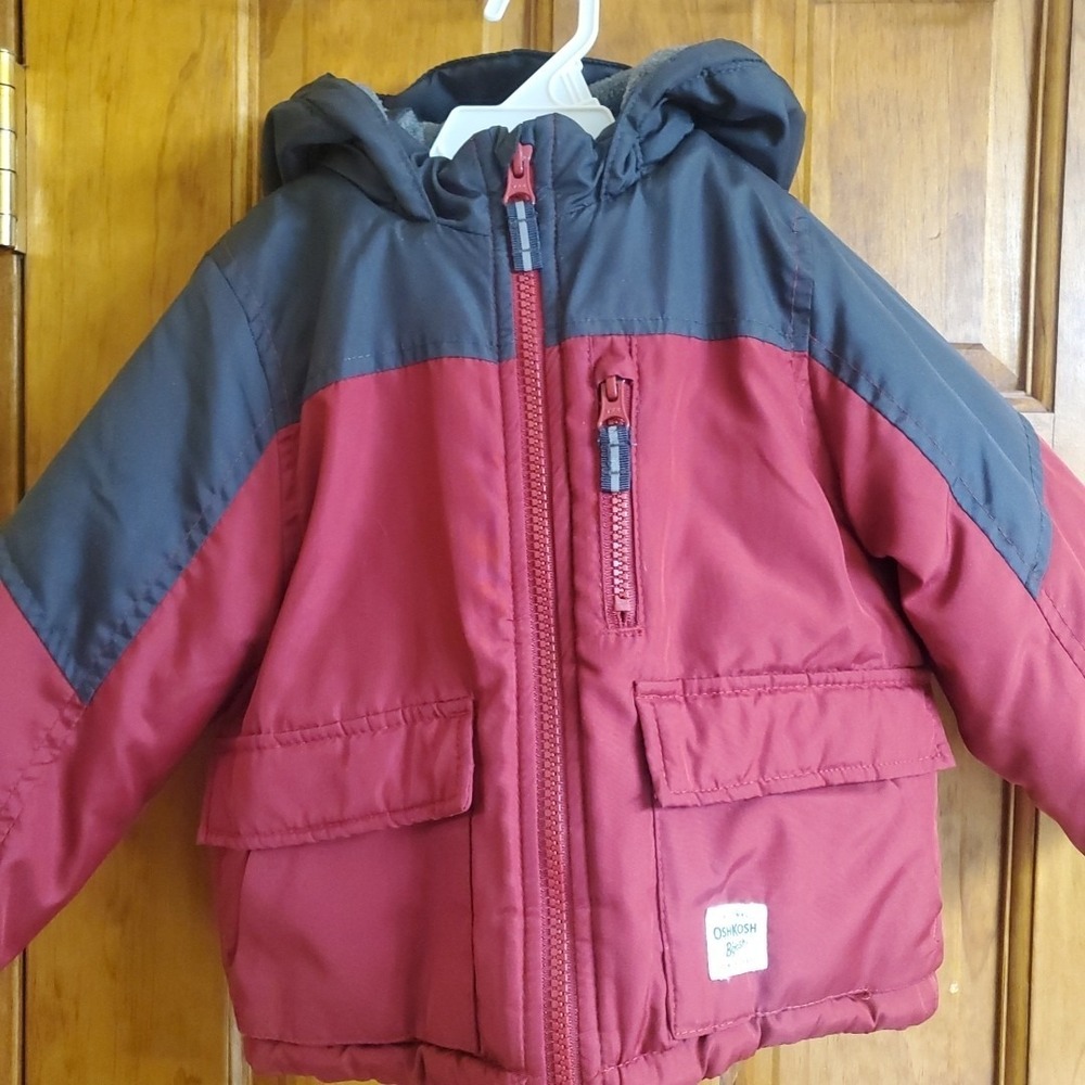 OshKosh 2T Puffer Jacket Toddler Boys Red Blue Hooded‎ Fleece Lined Winter Coat